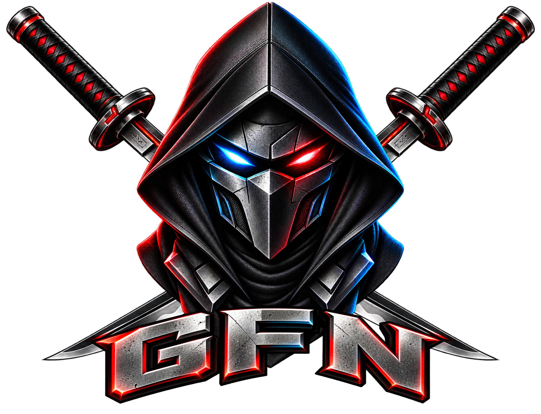 Glitch Face Ninja logo: a hooded ninja with blue and red eyes, crossed swords, and GFN lettering
